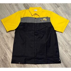 Pokemon Center Pikachu Work Shirt Men L Yellow Black Grey Short Sleeve Button Up
